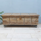 Hand Carved Solid Wood Coffee Table on Wheels Chest Whitewash